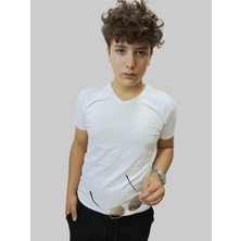 Erkek Basics V Yaka Düz Beyaz Tişört