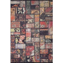 Blaszki Siyah Patchwork Etnik Modern Desenli Makinada Yıkanabilir Hav Toz Vermez Leke Tutmayan Kaymaz Taban Dijital Makine Baskı Salon Yolluk Mutfak Halı