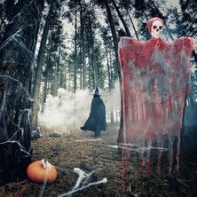 LED Işıklı Kahkaha Atan Sesli Sensörlü Ürpertici Kuru Kafa Kanlı Korku Haya Saçaklı Dekor 90X50 cm