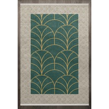  Çerçeveli Yeşil Pamuk Dikdörtgen Modern Desenli Pamuk Makinada Yıkanabilir Hav Toz Vermez Leke Tutmayan Kaymaz Taban Dijital Makine Baskı Salon Yolluk Mutfak Halı