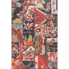 Hali.Net 150x150 cm Kırmızı Çok Renkli Çiçekli Etnik Patchwork Halı | Salon Yatak Odası Halısı | Hav Vermez Leke Tutmaz | BA10-DAİRE