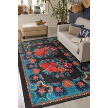 Cala Salada Çiçekli Mavi Polyester Daire Modern Desenli Pamuk Makinada Yıkanabilir Hav Toz Vermez Leke Tutmayan Kaymaz Taban Dijital Makine Baskı Salon Yolluk Mutfak Halı