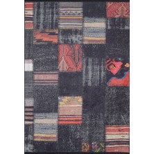 Bierun Siyah Patchwork Etnik Modern Desenli Makinada Yıkanabilir Hav Toz Vermez Leke Tutmayan Kaymaz Taban Dijital Makine Baskı Salon Yolluk Mutfak Halı