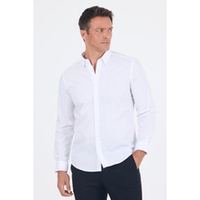 Beyaz Smart Biritli Yaka Cepsiz Bez Ayağı Uzun Kol Slim Fit %100 Pamuk Gömlek 1004250223