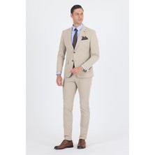 Bej Mono Yaka Yarım Astar 6 Drop Slim Fit   Beli Lastikli Takım Elbise 1001250121