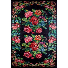 Votkinsk Siyah Çiçekli Etnik Modern Desenli Makinada Yıkanabilir Hav Toz Vermez Leke Tutmayan Kaymaz Taban Dijital Makine Baskı Salon Yolluk Mutfak Halı