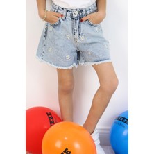 Breeze Kız Çocuk Şort Jean Papatya Nakışlı Paçası Püskül Detaylı 5-9 Yaş, Açık Mavi