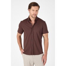 Koyu Kahverengi Kısa Kol Düğmeli Yaka Cepsiz Performans Ürün Slim Fit  Gömlek 1004250256