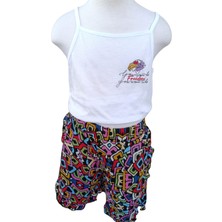 Çikoby Kız Çocuk İkili Takım Baskılı Beyaz Atlet - Desenli Şort- Renkli