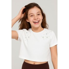 Breeze Kız Çocuk Tişört Inci Detaylıl Çiçek Aksesuarlı 6-12 Yaş, Ekru