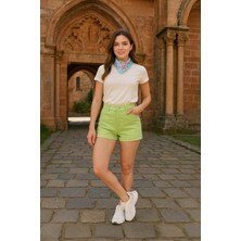 Blue White Kadın Paçası Katlı Jean Şort Yeşil