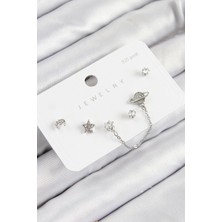 Pirinç Zirkon Taşlı Yıldız ve Gezegen Model Gümüş Renk 925 Ayar Gümüş Çivi Kadın Küpe Set