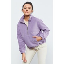 Tommy Life Eflatun Yarım Fermuar Etek Ucu Büzgülü Kadın Polar Oversize Sweatshirt - 97171