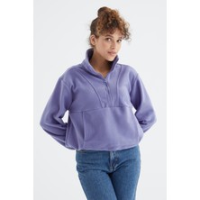 Açık Eflatun Yarım Fermuar Etek Ucu Büzgülü Kadın Polar Oversize Sweatshirt - 97171