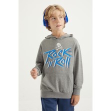 Tommy Life Gri Melanj Yazı Baskılı Kanguru Cepli Kapüşonlu Standart Kalıp Erkek Çocuk Sweatshirt - 11002