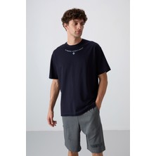 Tommy Life Lacivert Pamuklu Kalın Yumuşak Dokulu Oversize Fit Baskılı Erkek T-Shirt - 88343