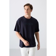 Tommy Life Lacivert Pamuklu Kalın Yumuşak Dokulu Oversize Fit Baskılı Erkek T-Shirt - 88329