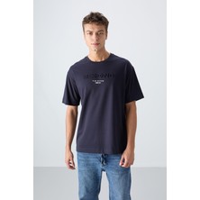 Tommy Life Lacivert Pamuklu Kalın Yumuşak Dokulu Oversize Fit Baskılı Erkek T-Shirt - 88328