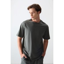 Air Jones Haki Pamuklu Kalın Yumuşak Dokulu Oversize Fit Basic Erkek T-Shirt - 88377