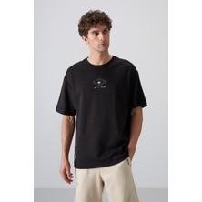 Tommy Life Siyah Pamuklu Kalın Yumuşak Dokulu Oversize Fit Baskılı Erkek T-Shirt - 88325