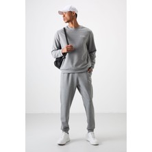 Air Jones Gri Melanj Pamuklu Kalın Yumuşak Dokulu Comfort Fit Nakışlı Erkek Eşofman Takım - 85254