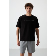 Air Jones Siyah Pamuklu Kalın Yüzeyi Dokulu Oversize Fit  Baskılı Erkek T-Shirt - 88371