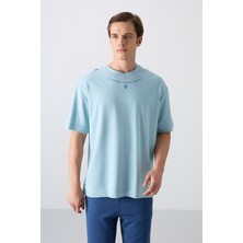 Tommy Life Açık Mavi Pamuklu Kalın Yumuşak Dokulu Oversize Fit Baskılı Erkek T-Shirt - 88343