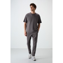 Air Jones Koyu Gri Pamuklu Kalın Yumuşak Dokulu Oversize Fit Basic Erkek Eşofman Takım - 85251