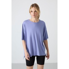 Tommy Life Açık Eflatun Penye Modal Yumuşak Tuşeli Oversize Fit Basic Kadın T-Shirt- 97285