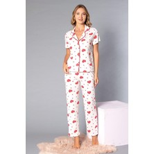 Boydan Düğmeli Kısa Kollu Gömlek Pijama Takımı - Yazlık Kalp Desenli Yumuşak Milan Kumaş - Poppy 58-06