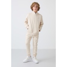 Tommy Life Bej Pamuklu Kalın İçi Tüylü Yumuşak Dokulu Standart Fit Nakışlı Erkek Çocuk Eşofman Takım - 11256
