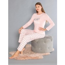 Uzun Kollu Bisiklet Yaka Pijama Takımı - Yazlık Kalp Desenli Yumuşak Milan Kumaş - Poppy 59-01 (M, L, Xl, Xxl)