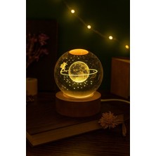 Ledli Usb'li Ahşap Standlı Satürn Kız Küre Temalı Kristal Küre Gün Işığı 3D Oda Gece Lambası