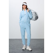 Tommy Life Açık Mavi Kompakt Pamuklu Kalın Pürüzsüz Dokulu Dik Yaka Oversize Fit Kadın Eşofman Takım - 95340