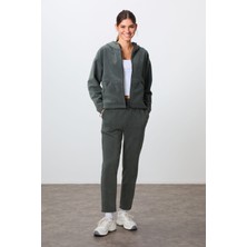 Tommy Life Haki Kalın Yumuşak Dokulu Kapüşonlu Oversize Nakışlı Polar Kadın Eşofman Takım -95338