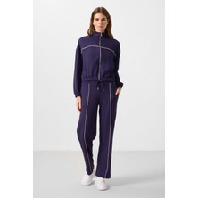 Tommy Life Koyu Mor Yumuşak Dokulu Dik Yaka Oversize Lastikli Kadın Eşofman Takım - 95349