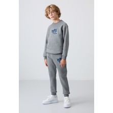 Tommy Life Gri Melanj Pamuklu Kalın İçi Tüylü Standart Fit Baskılı Erkek Çocuk Eşofman Takım - 11253