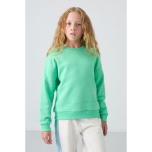 Tommy Life Su Yeşil Pamuklu İçi Tüylü Yumuşak Dokulu Oversize Nakışlı Kız Çocuk Sweatshirt - 75150
