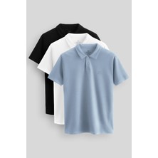 Standart Fit Basic Polo Yaka  3lü Paket Siyah-Beyaz-Buz Mavi Erkek T-Shirt  87748
