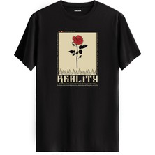 Reality Baskılı Gül Tasarım %100 Pamuk Streetwear Stil Tişört