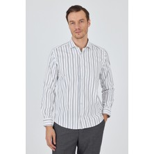 Beyaz-Mavi Uzun Kol Çizgili Desen Bez Ayağı Italyan Yaka Cepsiz Esnek Classic Slim Fit Gömlek 1004250203