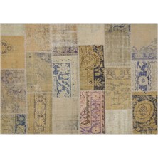 Bespoky El Dokuma Kahverengi Patchwork Yün Halı | El Yapımı Vintage Salon Halısı | %100 Doğal Yün | PATCHWORK-5683