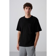 Tommy Life Siyah Pamuklu Kalın Yüzeyi Dokulu Oversize Fit Basic Erkek T-Shirt - 88341