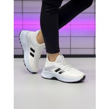 Unisex Çocuk Bağcıklı Poli Taban Triko Spor Ayakkabı-Beyaz-Siyah