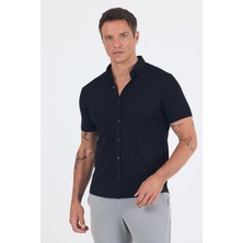 Siyah Italyan Düğmeli Yaka Kısa Kol Cepsiz Slim Fit Gömlek 1004250255
