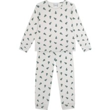 Antebies Organik Gri Yeşil Armut Desenli Beli Lastikli Uzun Kollu Erkek Çocuk Pijama Takımı