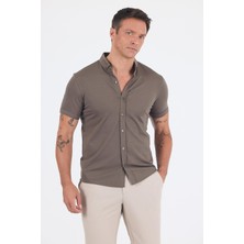 Koyu Haki Italyan Düğmeli Yaka Kısa Kol Cepsiz Slim Fit Gömlek 1004250255
