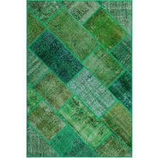 Iskece Yeşil Eskitme Etnik Modern Desenli Yün Hav Toz Vermez Leke Tutmayan Salon Yolluk Mutfak El Dokuma Halı