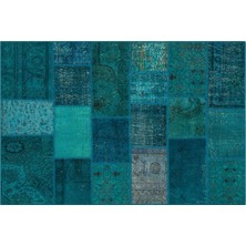 Mavi Patchwork Etnik Modern Desenli Yün Hav Toz Vermez Leke Tutmayan Salon Yolluk Mutfak El Dokuma Halı