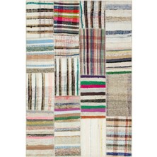 Hali.Net 159x230 cm Gri Çok Renkli Çizgili Bohem Patchwork Halı | Salon Yatak Odası Halısı | Hav Vermez | UNİQUE-36194